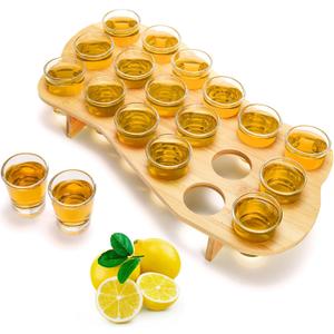 ZEAYEA Set of 18 Shot Glass Holder Set, 1.7 oz Shot Glasses with Bamboo Holder for Whiskey Liqueurs, Small Clear Glass Cups Thick Base with Serving Tray Organizer For Party Bar Club Restaurant