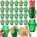 Maxcheck 24 Sets 3oz Cactus Mason Jars Shot Glasses with 24pcs Shot Glasses 24pcs Silver Lids 30pcs Straw, Glass Cactus Decor Favor Jars for Weddings, Decoration Parties DIY Drink Dessert Candle Craft