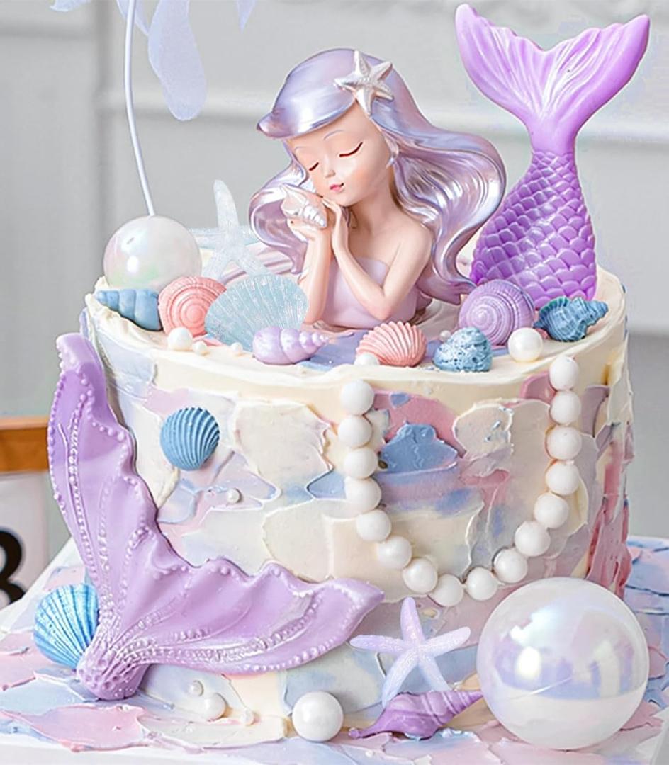 JeVenis Purple Mermaid Cake Toppers - Under the Sea Cake Decoration Set with Seashells, Mermaid Tail, Sea Star Toppers