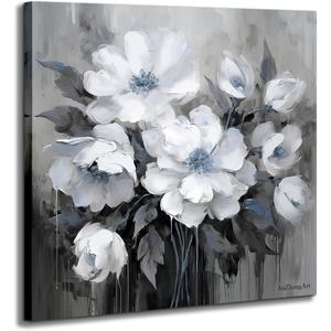 Bathroom Canvas Wall Art, Bathroom Wall Decor,Landscape for Living Room, Bedroom,Office, Gray and White Blue Flower Wall Decoration,18"x18"inches