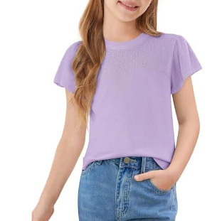Girls Short Sleeve Ruffle Pullover Sweater Tops Shirts Purple Small