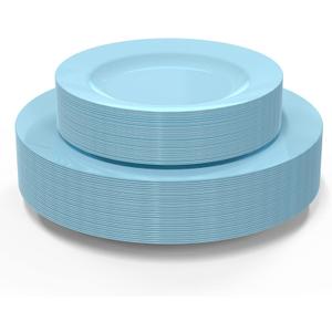POSATE 60PCS Baby Blue Disposable Plastic Plates, Heavy Duty Plates for Wedding/Party, 30PCS Dinner Plates 10.25 and 30PCS Dessert/Salad Plates 7.5, Blue Plates for Party Event