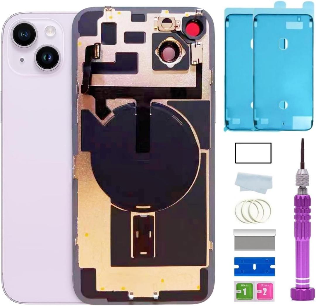 14 Plus Back Glass Replacement with Plate & Flex Cable and All Parts for iPhone 14plus Back Cover Glass (Purple, 6.7 Inch) + Waterproof Tape + Repair Tools (Purple)