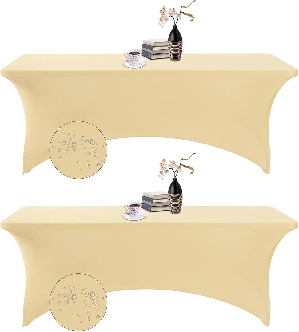 2Pack Spandex Waterproof Table Covers 8ftSpandex 8ft Waterproof Table Cover for Party,Wedding, Banquet, and Events(Champagne)