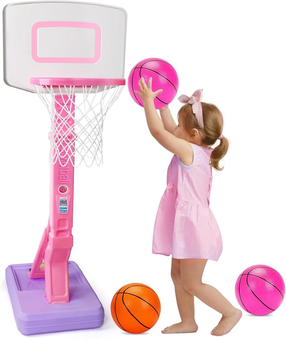 Toddler Pink Basketball Hoop Indoor Outdoor for Age 1-3, Adjustable Kids Basketball Hoop Goal, Mini Pool Basketball Hoop with 3 Inflatable Balls, Toddler Toys for 1 2 3 4 Year Old Girls Birthday Gift