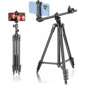 Phone Tripod, Lusweimi 67-inch Horizontal Stand with 360 Adjustable Ball Head and Wireless Remote for Camera/iPhone/Webcam, Tripod for Video Recording with Extended Arm/Clip Mount/Carry Bag