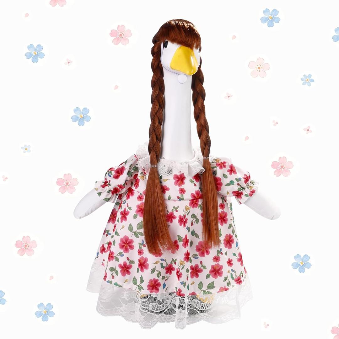 Spring Porch Goose Outfits Floral Dresses with Wig Lace Trim for 23" Cement Statue Outdoor Lawn Yard Decor