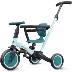 newyoo TR008 Toddler Push Tricycle, Toddler Bike for 1-3 Years Olds, Birthday Gift for Boys and Girls, 5 in 1 Balance Bike with Handle, Kids Trike with Safe Bar, Green