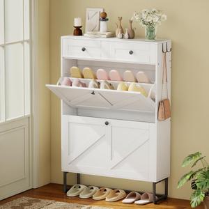 Shoe Cabinet with 2 Flip Drawers Freestanding Shoe Organizer with 2 Fabric Drawers Farmhouse Flip Shoe Storage Cabinet Narrow Shoe Rack Cabinet for Entryway, Hallway, Living Room, White, 29.5"L X 8.7"W X 43.8"H