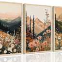 YUFEIART Boho Wall Art Mountain Wall Art OAK Wood Framed Nature Landscape Wall Decor Set of 3 Colorful Wildflower pictures Vintage Floral Canvas Prints Forest Paintings for Living Room Bedroom 16"x20"