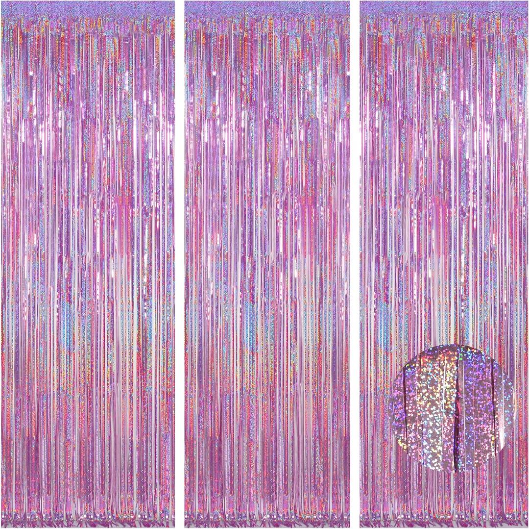 Happy Mothers Day Decorations Melsan 3 Pack 3.2 x 8.2 ft Pinkish Purple Tinsel Fringe Curtain Backdrop, Sparkling Metallic Party Decorations for Girls Birthday, Bachelorette, Wedding, Photo Booth