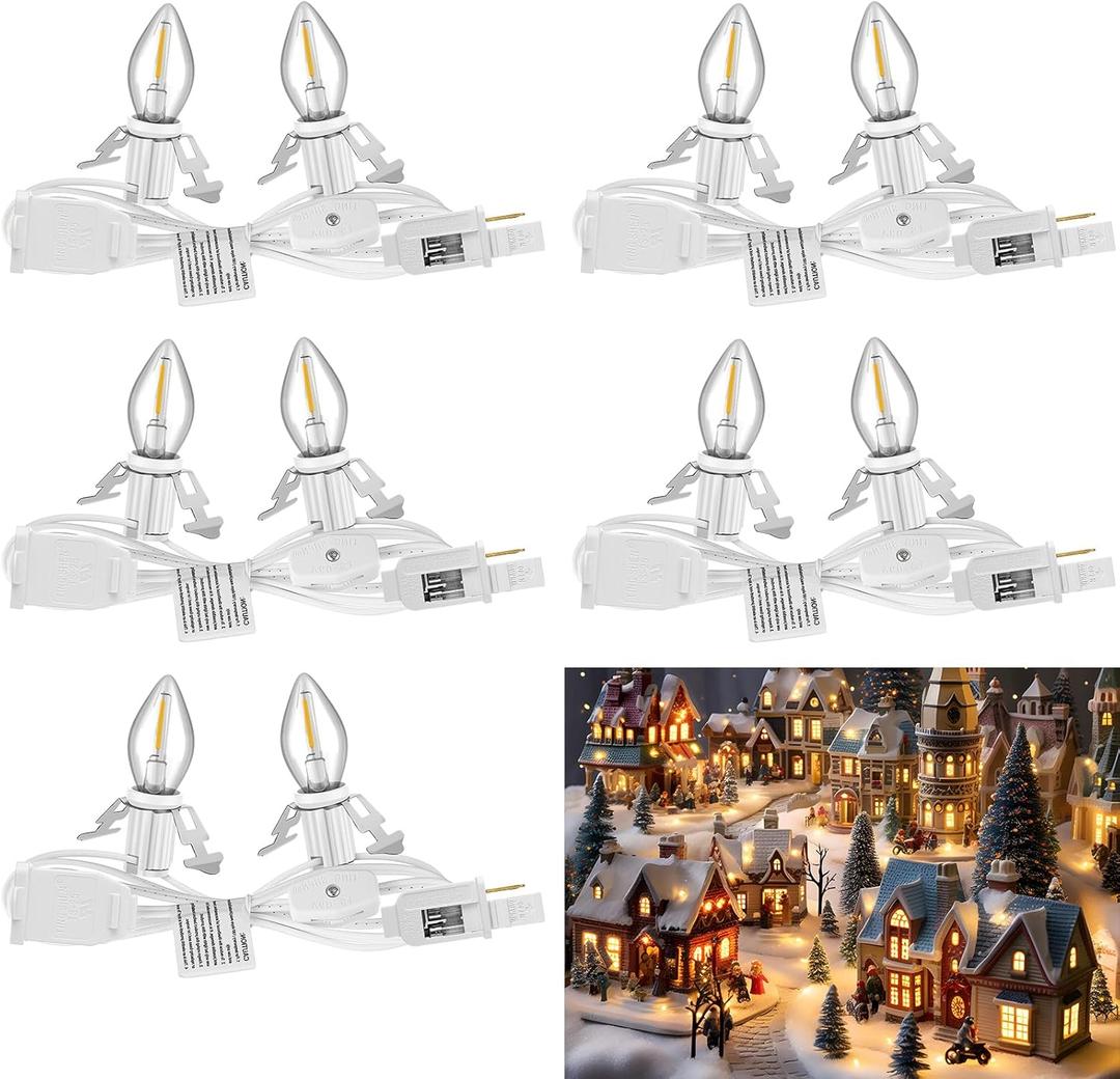 Meonum 5 Pack Accessory Cord with Two LED Bulbs, Blow Mold Christmas Village Light with Outlet and Plug, Double Spare Fuse C7 Light Bulb Christmas Village Accessories White Indoor LED String
