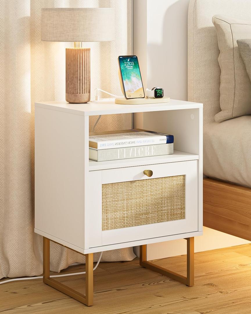 Rattan Nightstand with Charging Station, Mid Century Modern Night Stand,Boho Farmhouse Wood Bedside Table with Storage and Open Shelf, End Side Accent Table for Bedroom,Living Room,White