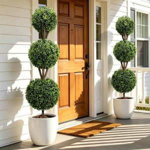 Artificial Boxwood Topiary Tree 4FT Triple Ball Faux Topiary Trees, Waterproof Fake Boxwood Plants Outdoor Indoor, All-Weather Potted for Porch Patio Garden Entryway Home Decor Set of 2