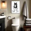Cat Bathroom Canvas Wall Art Decor, Funny Animal Black and White Canvas Wall Art, Cute Cat On Toilet Holding a Toilet Paper Roll Artwork Prints for Bathroom Toilet Restroom Washroom Wall Decor 12x16''