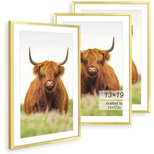 Golden State Art 13x19 Picture Frame Set of 3, Modern Gold Thin Border - Display 11x17 with Mat or 13x19, Wall Hanging Photo Frames