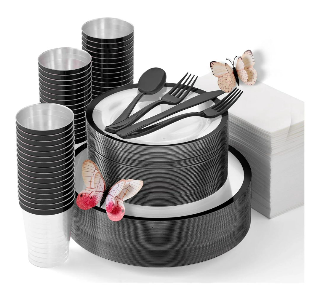 HEAVYWEIGHT 400 Pcs Clear Black Plastic Dishes