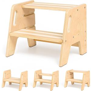 WINGYZ Toddler Step Stool, 3-Height Adjustable Wooden Stool for Kids, FSC & ASTM Birch Marine Plywood, 300lb Capacity, Bathroom Sink Independence, Kitchen Potty Training, Natural Wood