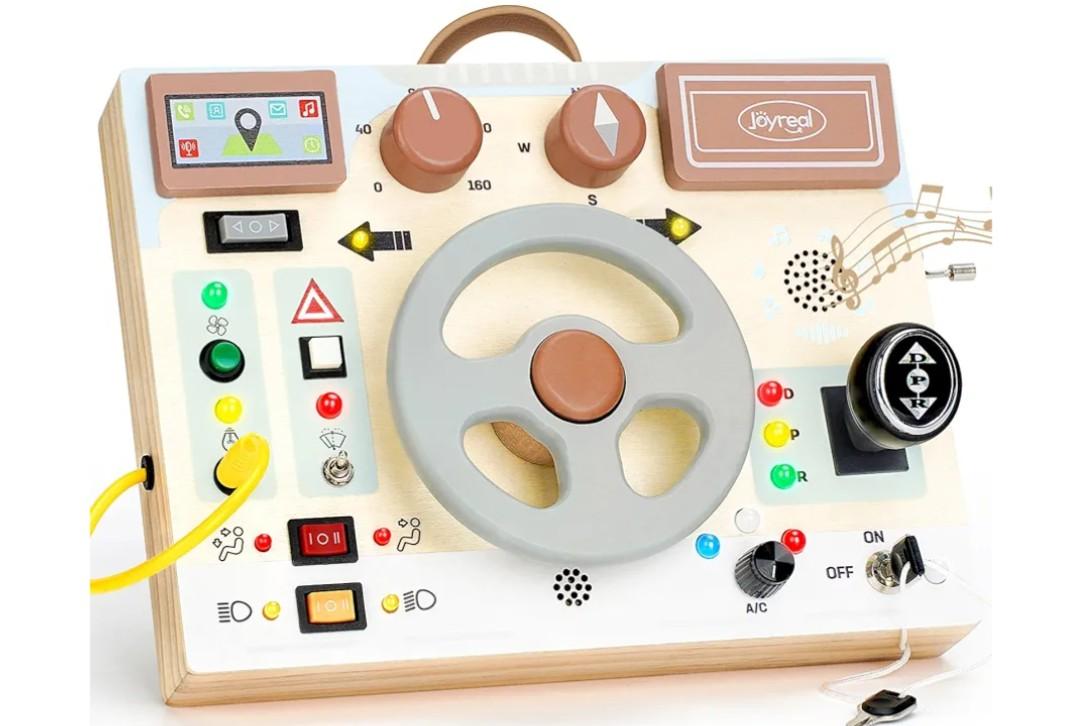 Joyreal Toddler Busy Board with LED Lights, Steering Wheel, Sounds, Montessori Toys for 1+ Year Old,