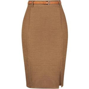 Kate Kasin Women's Tweed Pencil Skirt Knee Length High Waisted Skirts with Slit Elegant Skirts with Belt (Medium)