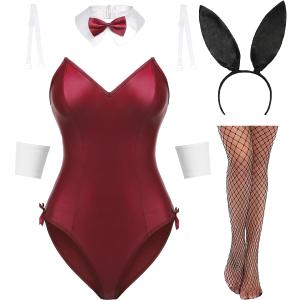 Avidlove Women Bunny Costume Lingerie Sets for Women Sexy Halloween One Piece Bodysuit Stockings Set 7-Piece Set (Wine Red, XL)