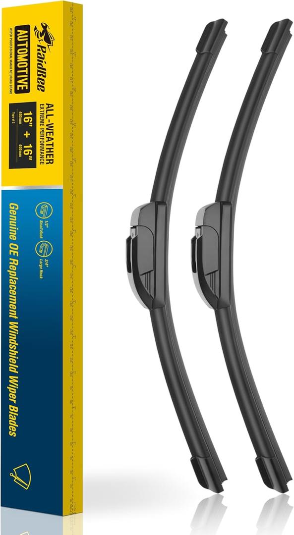 Raidbee 16+16 inch Silicone Windshield Wiper blades 2 pack Replacement for JEEP Wrangler 22-18 Gladiator 2022-2020,BENZ G63 AMG 17-13,DODGE Viper 2002-1999 +More All-Season Silicone Wiper Blades