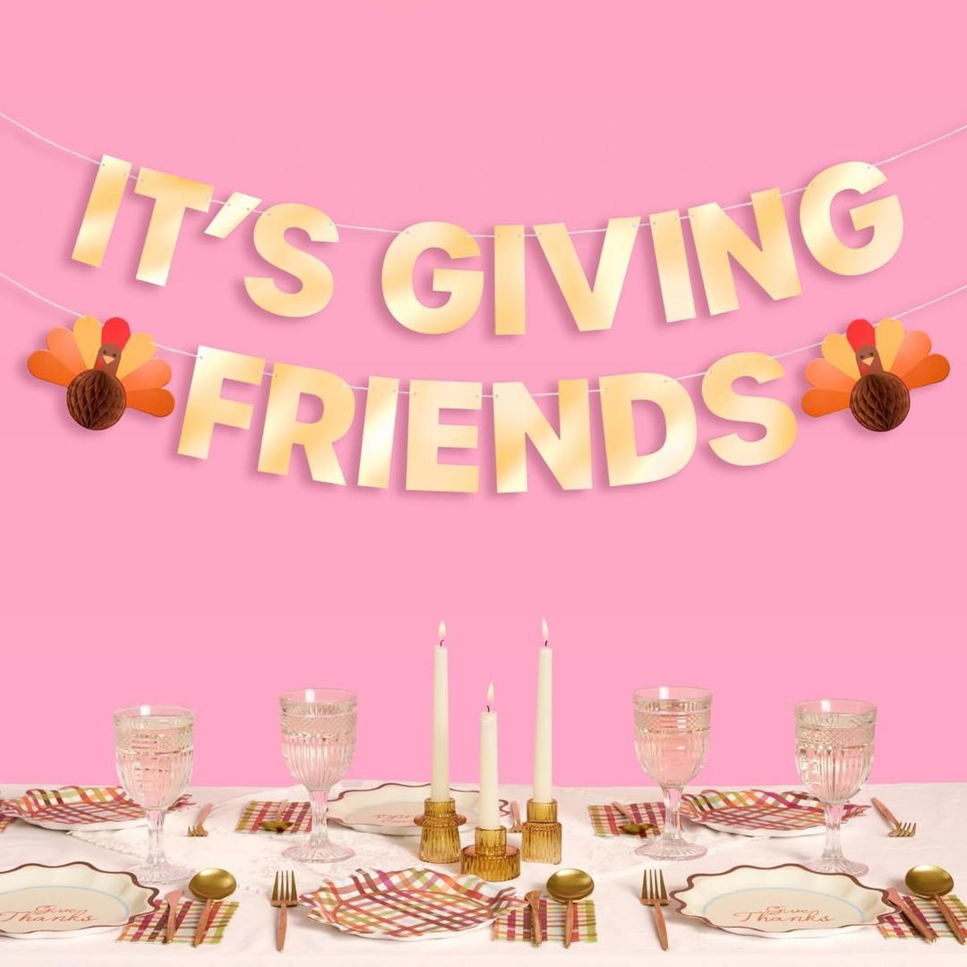xo, Fetti It's Giving Friends Banner - Gold Foil, 5 Ft. | 3D Turkey Garland, Thanksgiving Dinner Decoration, Friendsgiving Party Sign, Fall Photoshoot Backdrop