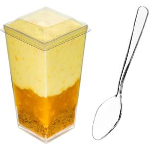 DLux 100 x 3 oz Mini Dessert Cups with Spoons and Lids, Square Tall - Clear Plastic Parfait Appetizer Cup - Small Reusable Serving Bowl for Party Desserts Appetizers - With Recipe Ebook