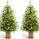 4FT Christmas Tree with 100 Lights, Potted Artificial Christmas Tree Outdoor Decor 8 Mode Timer Waterproof with Real-Like Tips & Round Branches for Front Door, Porch, 2 Pack (Green) (Green)