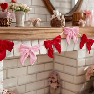Valentines Day Decorations - 6.5 Ft Pink and Red Velvet Bow Garland - Valentines Day Decor for Home Party Office - Coquette Room Decor for Tree Door Table Wall Window Mantel