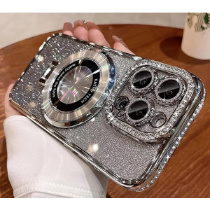 Magnetic Kickstand Case for iPhone 16 Pro Max with Glitter Lens Protector, Compatible with Magsafe, Luxury Bling Diamond Cover Glitter Rhinestone Phone Case Women (Silver, for iPhone 16 Pro Max 6.9")