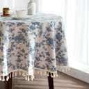 LOVOUS Linen Floral Round Tablecloth 48 Inch  Washable Vintage Blue Table Cloth for Indoor & Outdoor Dining, Restaurant, Picnic, Pastoral Table Cover Decor