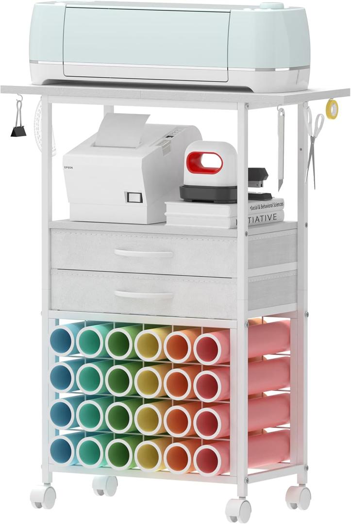 VENNQD Organizer and Storage Stand Compatible with Cricut Machines, Rolling Storage Cart/ Shelf with 24 Vinyl Roll Holders, 2 Fabric Drawer, Accessories Holder, Tool Hook for Craft Room Home (white)