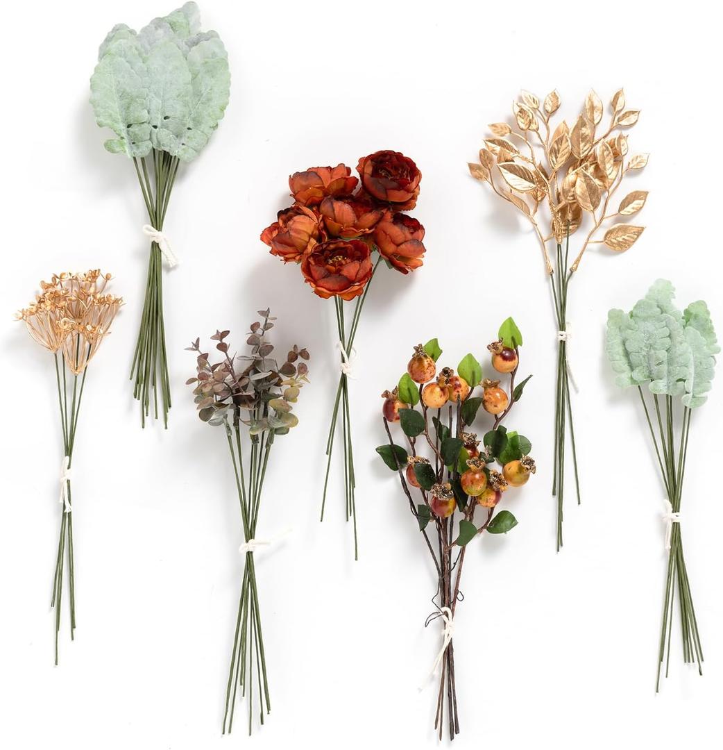 Ling's Moment Artificial Greenery Stems Box Set, 53pcs with 7 Kinds of Faux Greenery Picks for DIY Bridal Bouquets Wedding Floral Arrangement Table Centerpieces, Terracotta & Green