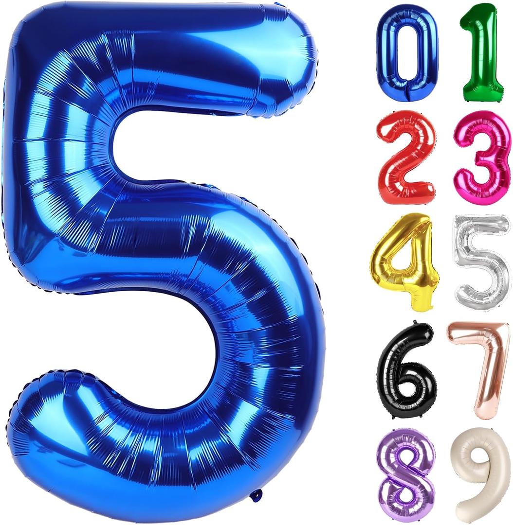 5 Balloon - Metallic Blue Birthday Number Balloons, 40 Inch Large Foil Balloons for Men Women Boys Girls Metallic Blue Themed Birthday Decorations