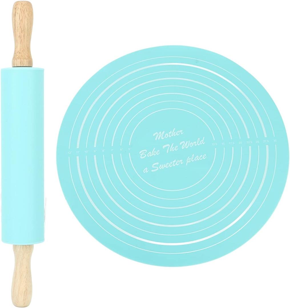 13.2in Rolling Pin Pastry Baking Mat 11.8x1.8in Large Silicone Rolling Pin Kneading Pad Baking Tool for Kitchen Restaurant School Use (Blue)
