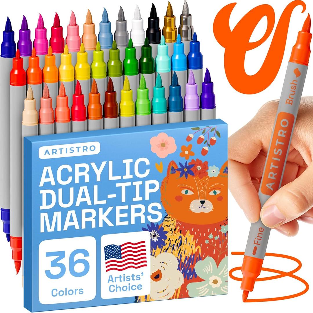 ARTISTRO Dual Tip Acrylic Paint Markers - Easy for All Ages & Levels Acrylic Paint Pens for Fabric, Rocks, Paper, Wood, Canvas, Glass, DIY (Dual Tip Brush + Fine, 36)
