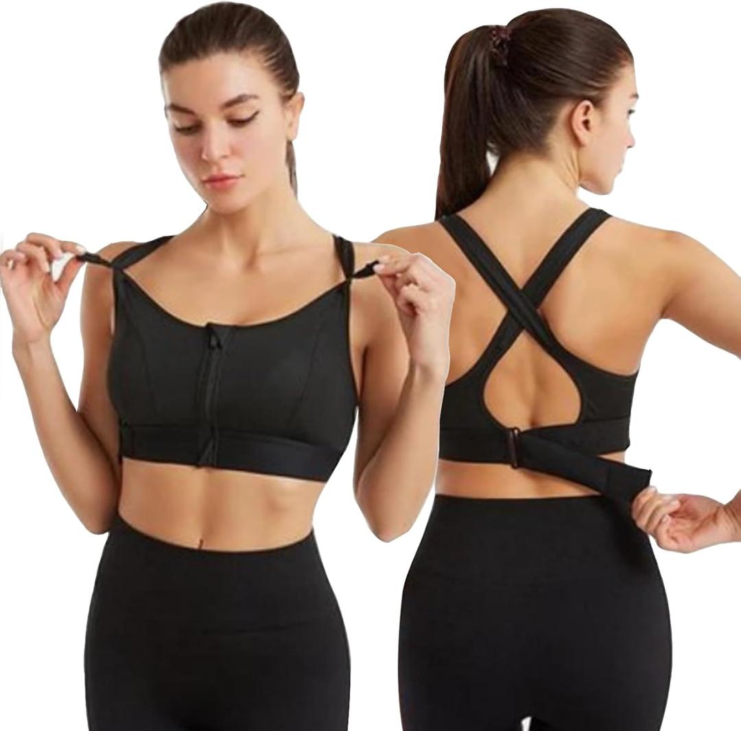 Women Zip Front Sports Bra Racerback Tank Top Wireless Paded Yoga Workout Running Bras (Large, Black-adjustable)