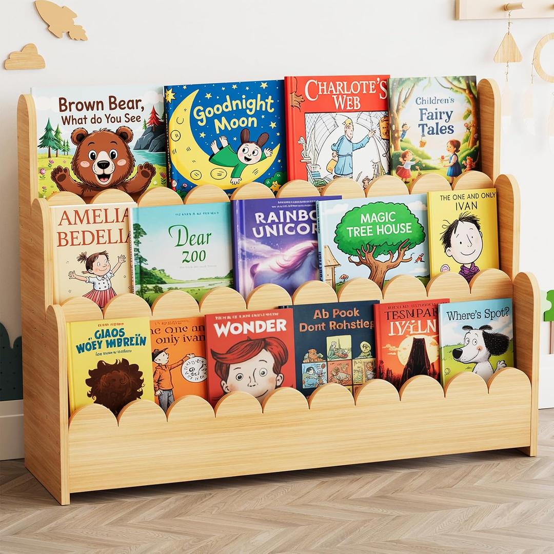 SpaceAid 3-Tier Scalloped Bookshelf, Montessori Bookcase for Toddlers, Wooden Book Shelf Organizer Display Furniture for Kids Rooms, Playroom, Nursery and Classroom, 36.7 Wide, Natural