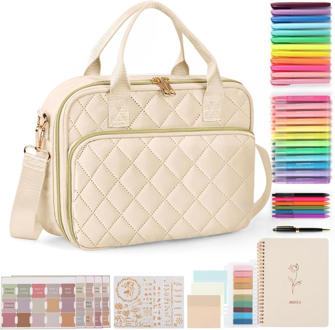 Bible Journaling Kit  Quilted Bible Cover Case for Women, 31 Highlighters, 75 Tabs, Bible Study Supplies & Christian Gift for Women and Teens (Shoulder Strap, Beige)