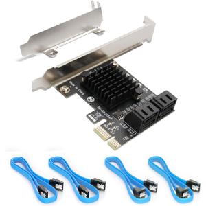 SATA Card PCIE 3.0, 4 Port with 4 Cables, Controller Expansion Card with Low Profile Bracket, Non-Raid, Boot as System Disk, Support 4 SATA 3.0 Devices