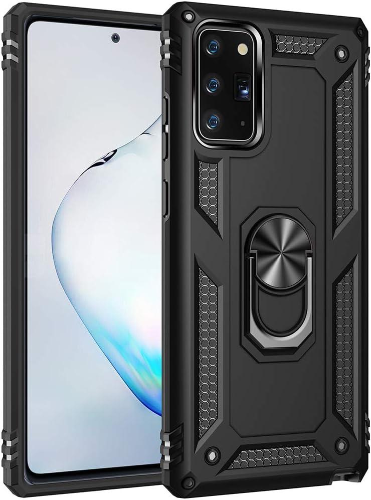 2 Pack Military Grade Drop Impact for Samsung Galaxy Note 20 Case Note 20 5G Case 360 Metal Rotating Ring Kickstand Holder Armor Heavy Duty Shockproof Case for Galaxy Note 20 5G Phone Case (Black) (Silver)