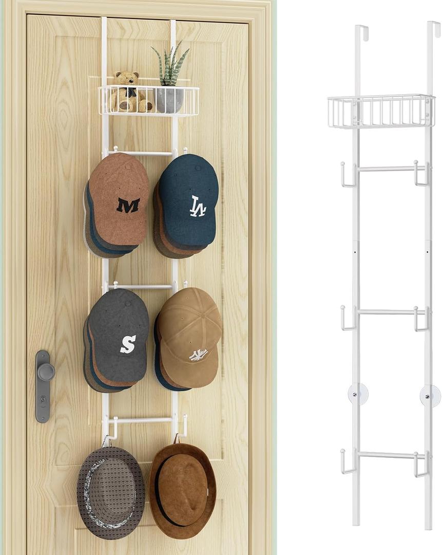 HapiRm Over Door Hat Rack - Wall Mounted Hat Holder with 6 Hooks and Metal Basket Design, Baseball Cap Organizer Storage Up to 32 Caps for Door, Bedroom, Closet (White) (1 Pack)