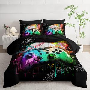 7Pcs Comforter Set Gamepad Baseball Printed Bedding Set with 1 Comforter, 1 Flat Sheet, 1 Fitted Sheet and 4 Pillowcases for Boys and Girls Bedroom (Gamepad-3 Twin