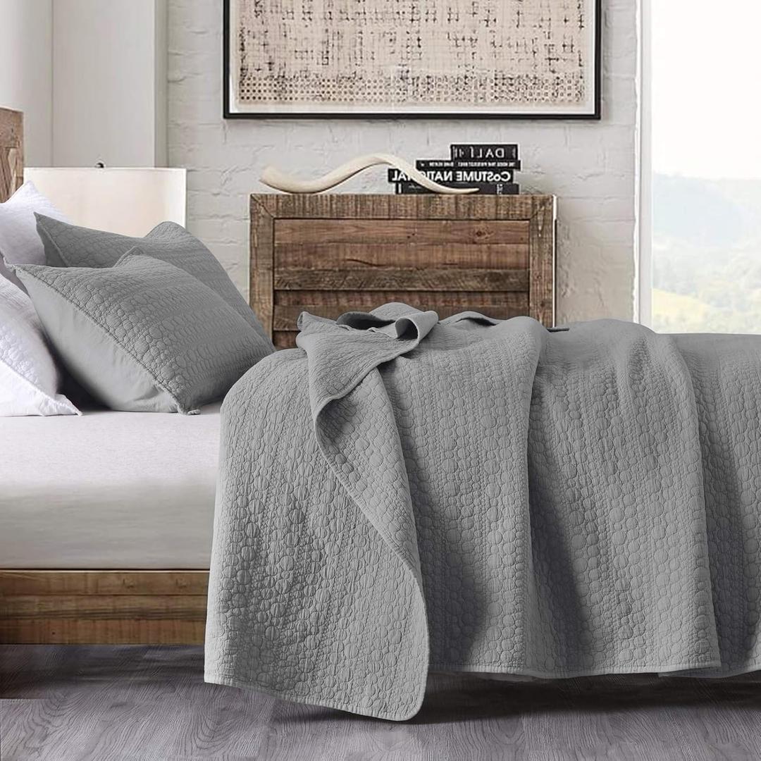Quilt Set King Size Grey, Classic Geometric Spots Stitched Pattern, Stone-Washed Microfiber Chic Rustic Look, Ultra Soft Lightweight Quilted Bedspread for All Season, 3 Pieces