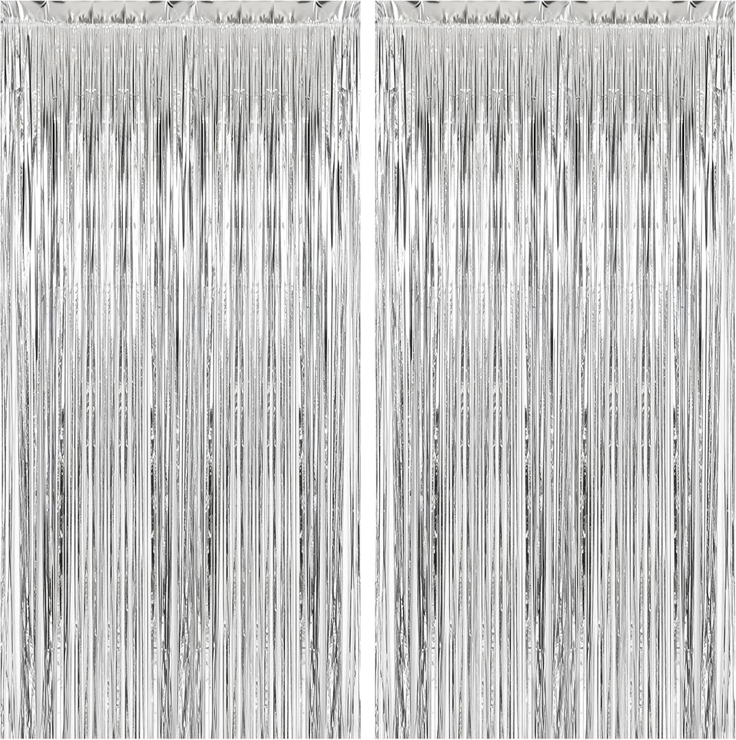 2 Pack Silver Foil Curtain Party Streamers Metallic Tinsel Foil Fringe Photo Booth Backdrop for Birthday Wedding Engagement Baby Shower Bachelorette Christmas Holiday Celebration Party Decorations