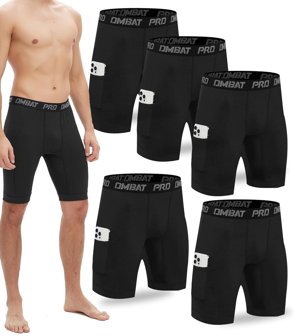 5 Pack Compression Shorts Men with Pocket Spandex Athletic Baselayer Shorts Quick Dry Compression Sports Underwear (Black, XXXL)