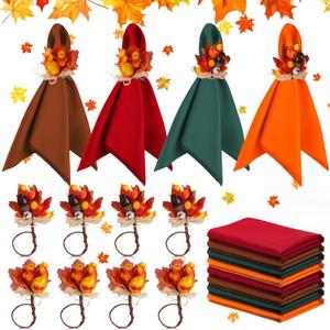 16 Pcs Fall Thanksgiving Napkin Ring Set 8 Pcs Napkin Rings and 8 Pcs Washable Thanksgiving Dinner Napkins for Fall Party Holiday Kitchen Table Decoration for Autumn Party Supplies (Cute Plant)