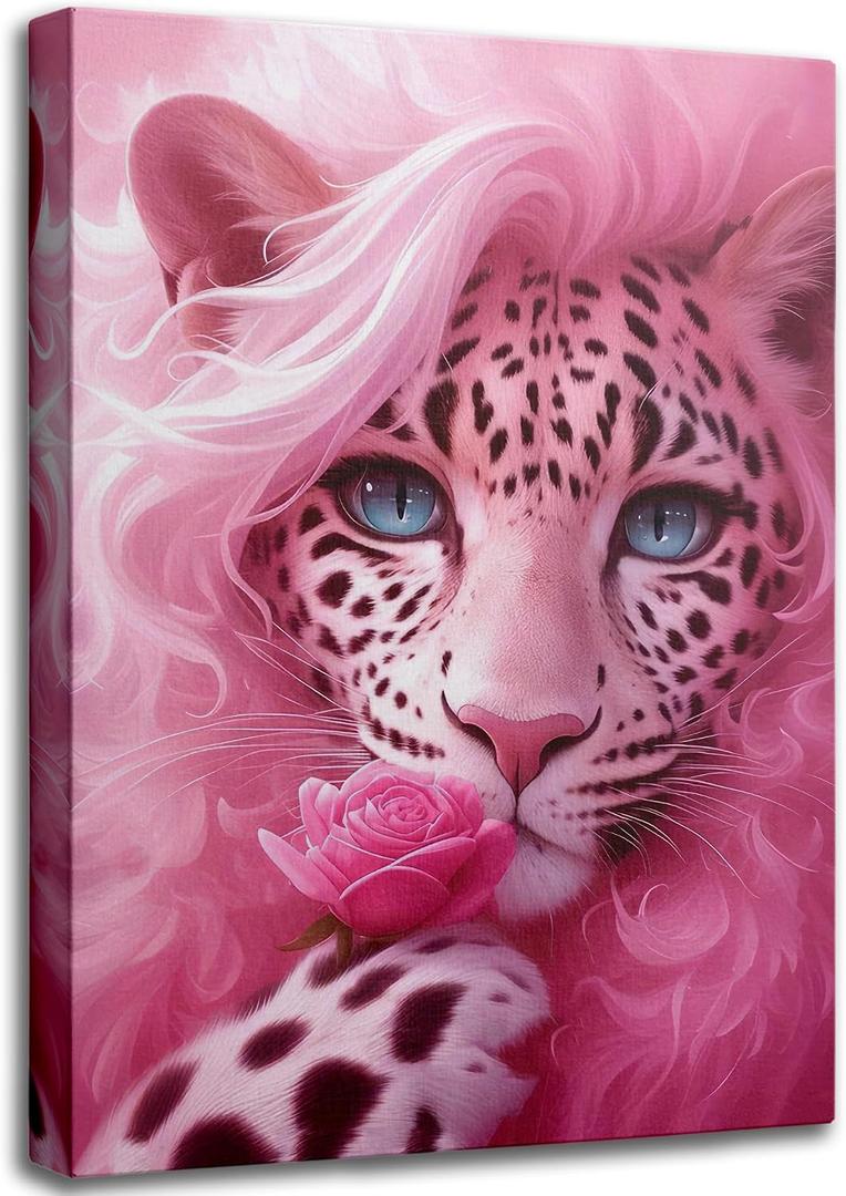 UNDBILSNI Whimsical Pink Mother Leopard Canvas Wall Art, 24"L x 16"W