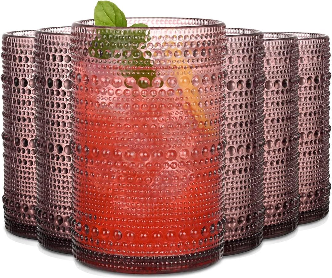 Purple Hobnail Drinking Glasses Set of 6,15 oz Vintage Highball Glasses,Drinkware Kitchen Glasses for Cocktail,Iced Coffee,Beer,Ice Tea,Wine,Whiskey,Water